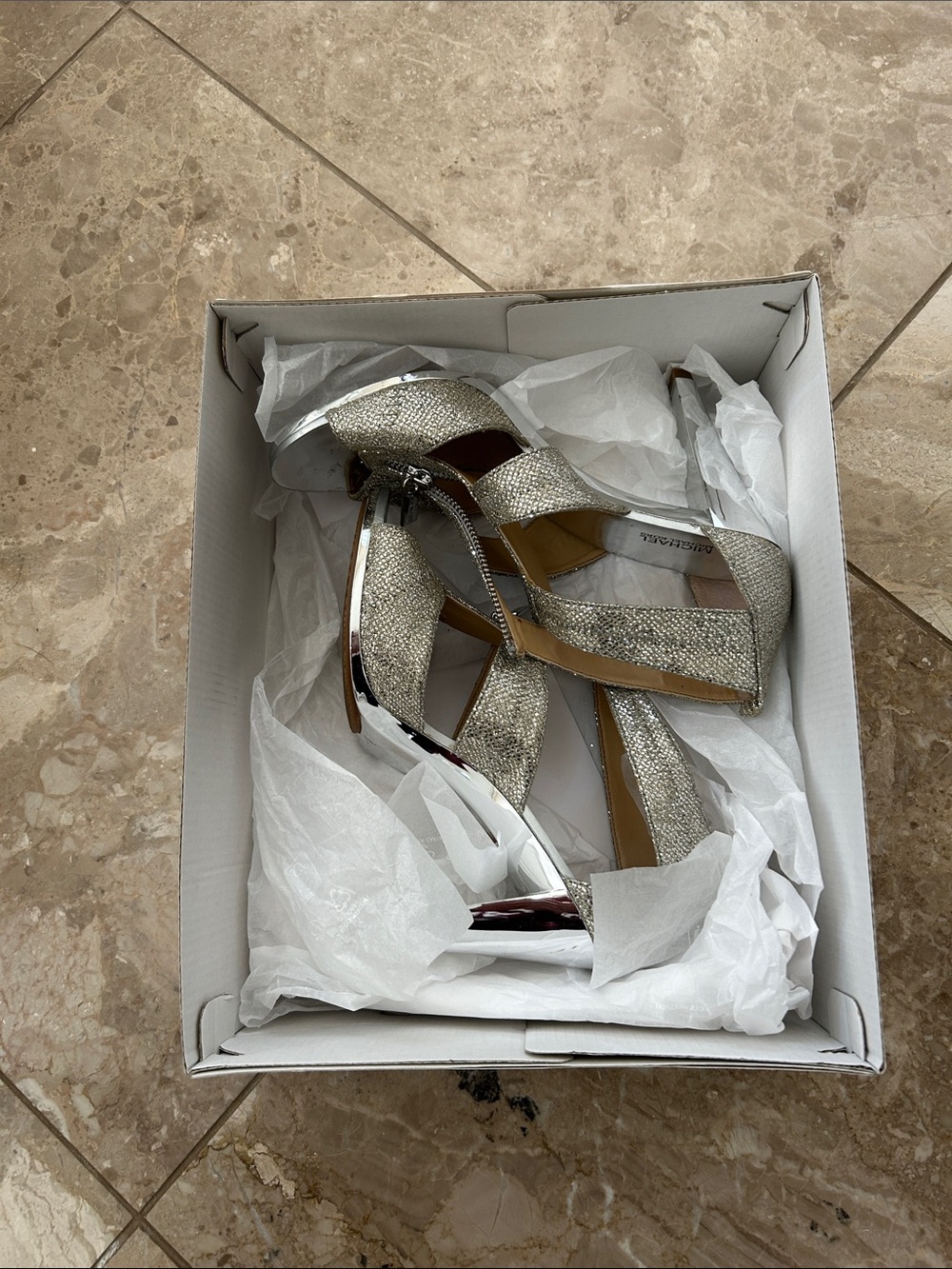 MICHAEL Michael Kors Silver Glitter Strappy High Heel Sandals